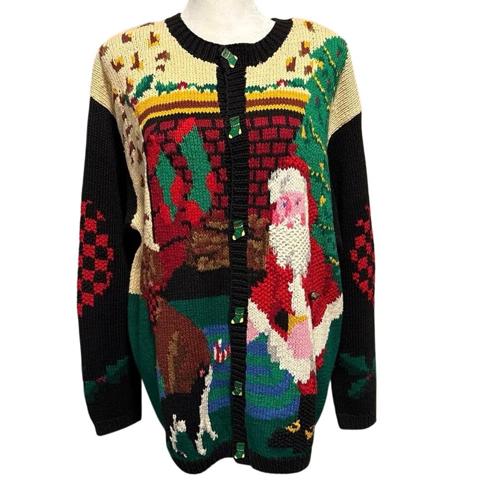 Alexandra Bartlett Eagle’s Eye 1X Christmas Cardigan Sweater Hand Knit Holiday